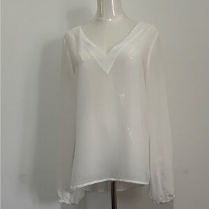 DOUBLE ZERO, White Sheer V-Neck, Laced Back Long Sleeve Blouse , Size M, NWT